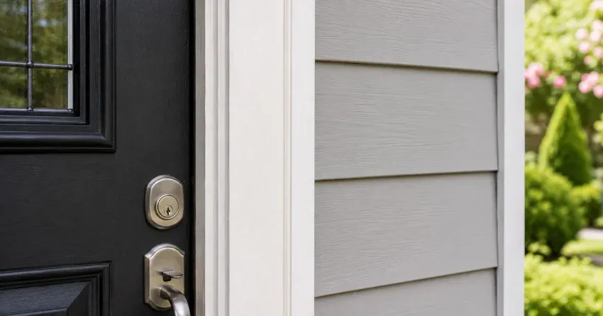 technician inspecting door jamb behind cracked casing in Dorchester home