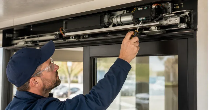 technician completing automatic door repair on residential property in Mill Pond, Dorchester