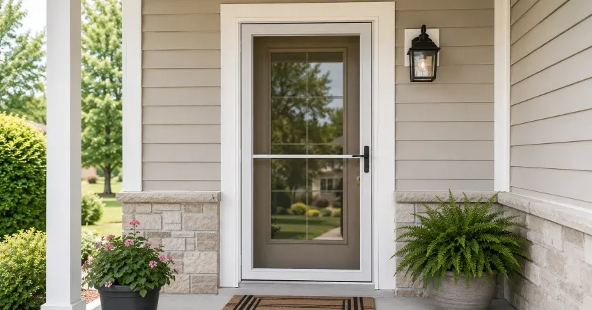technician hanging storm door square and plumb in Sandusky, Dorchester