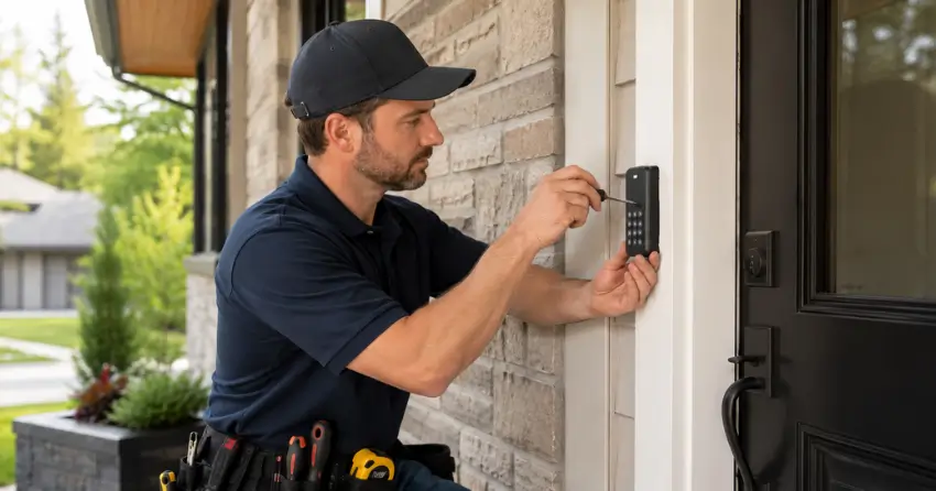Technician installing an access control system keypad beside a residential front door in Mill Pond, Dorchester