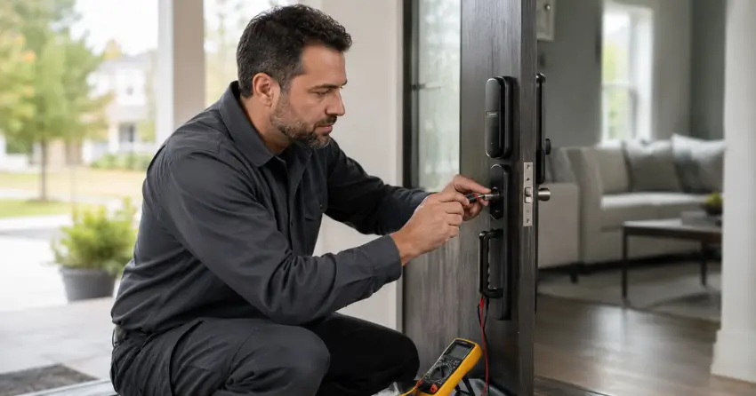 technician diagnosing automatic door lock mechanism on residential door in Valley View, Dorchester