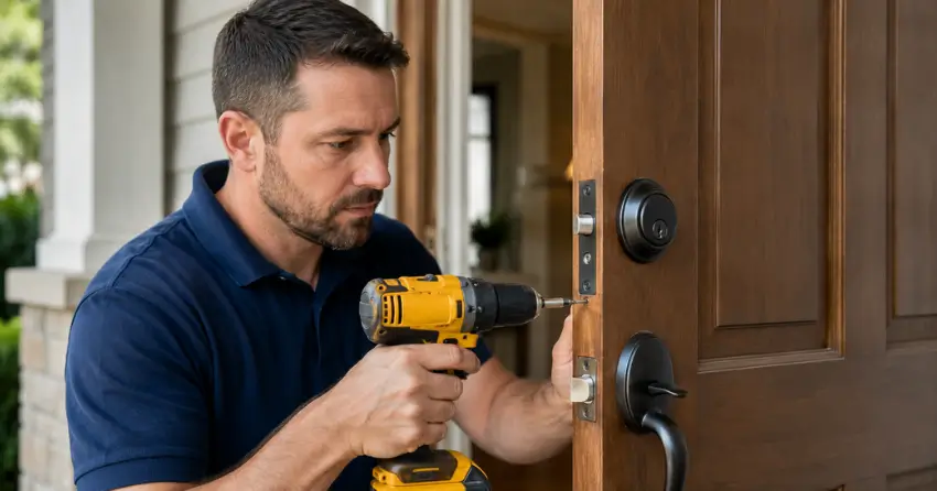 technician installing a new deadbolt during Change Door Lock Mill Pond, Dorchester service