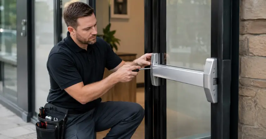 commercial locksmith repairing exit device on storefront door Valley View, Dorchester