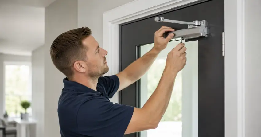 technician adjusting door closer hydraulic valve in DE-LA, Dorchester home