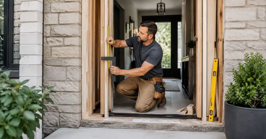 exterior door installer assessing rough opening in Dorchester