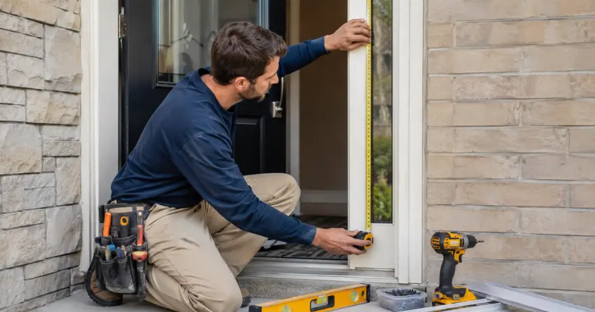 technician measuring door frame before storm door install in Sandusky, Dorchester
