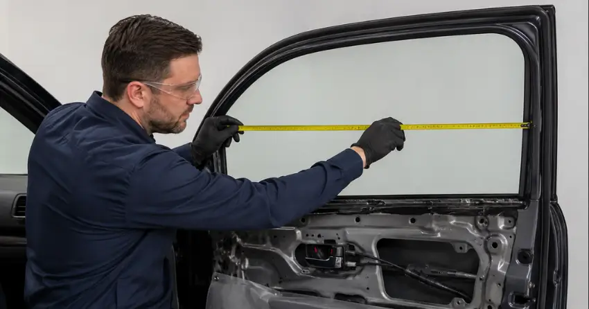 technician measuring door glass opening for replacement in DE-LA, Dorchester