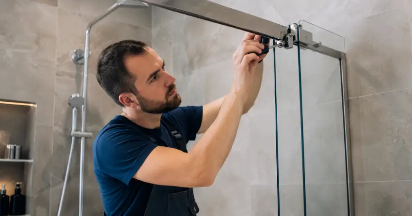 technician adjusting shower door hinge and track in Sandusky, Dorchester