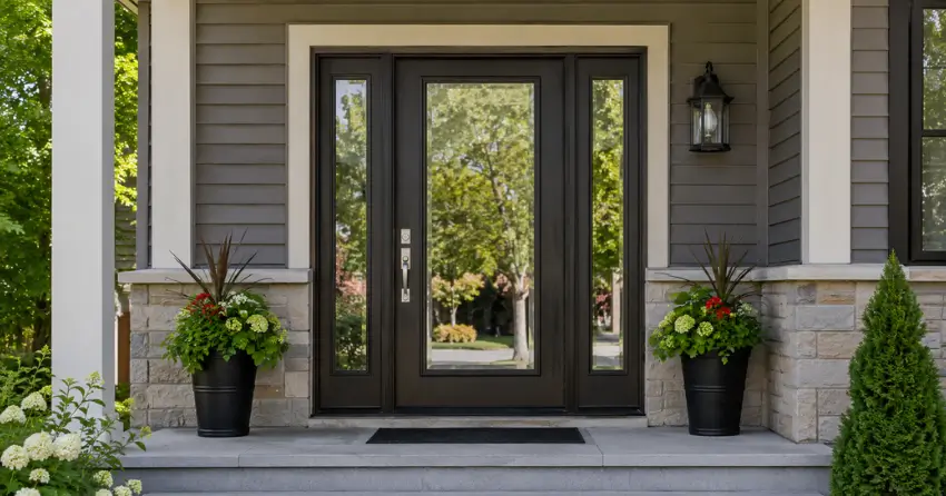 glass entry door with sidelights on a home in Dorchester