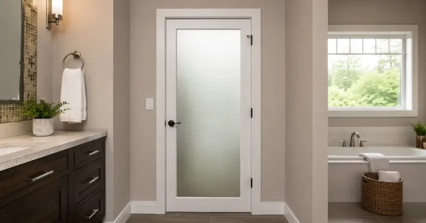 frosted glass panel bathroom door installed in a Pondview, Dorchester home
