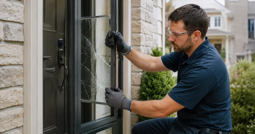technician removing cracked storm door glass panel in Dorchester