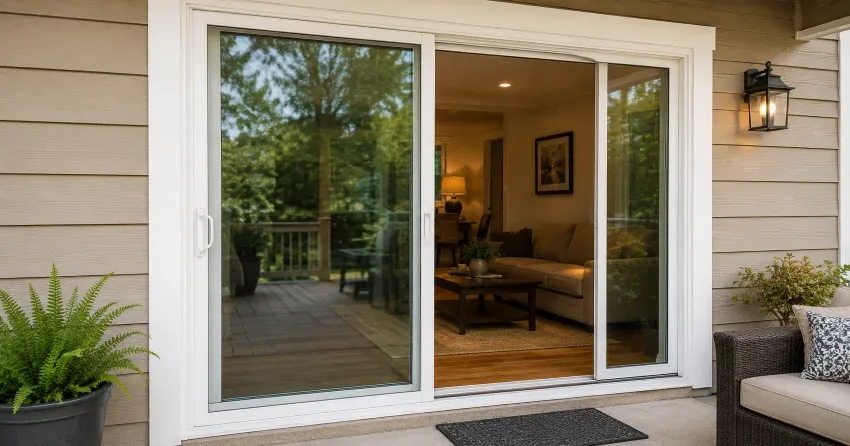 Patio Door Installation technician setting a new frame in Ron Allen Subdivision, Dorchester