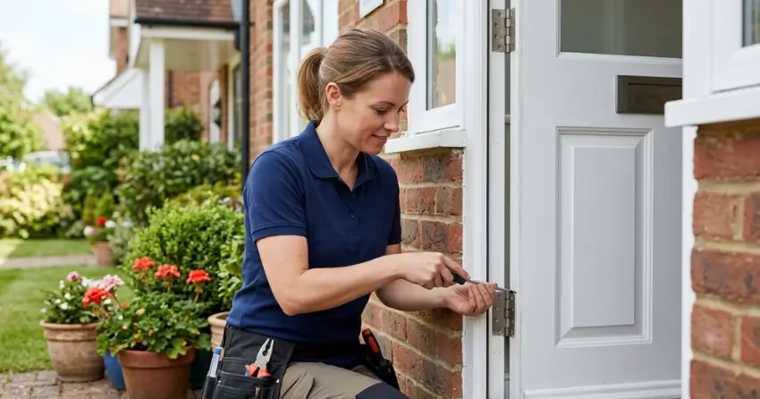 technician repairing exterior door hinge and frame in DE-LA, Dorchester
