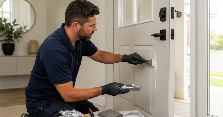 technician repairing fiberglass door surface crack in Sandusky, Dorchester