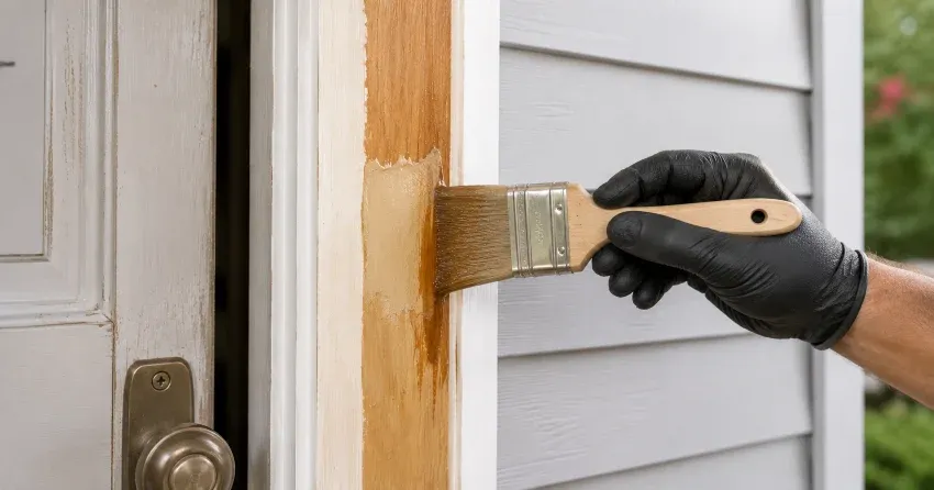 technician probing rotted wood on a door frame in Mill Pond, Dorchester