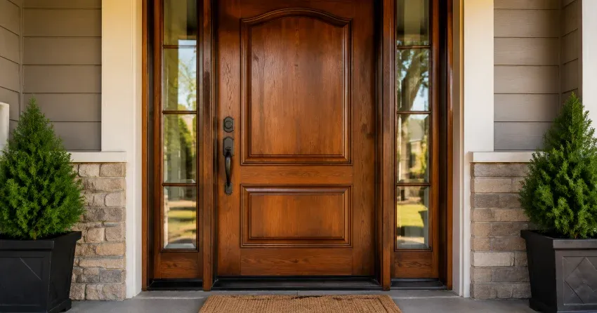 wood door mid-restoration showing stripped bare wood in DE-LA, Dorchester