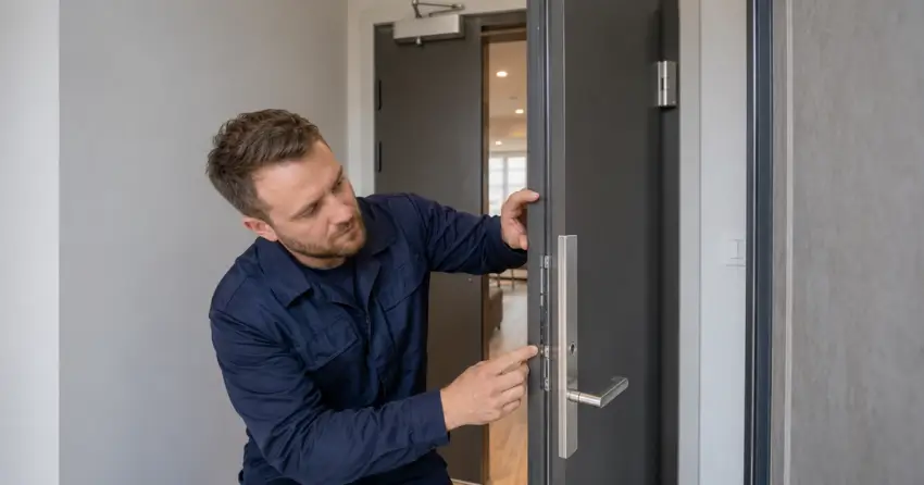technician inspecting fire-rated door seal and hardware in Porter Subdivision, Dorchester