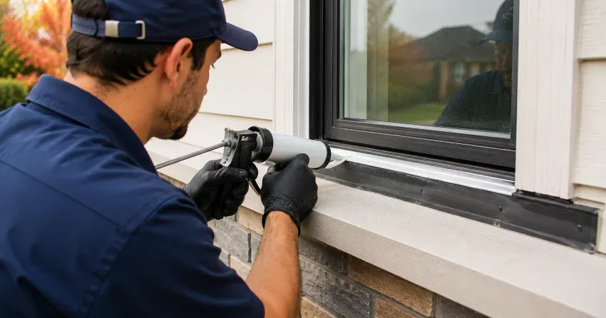 technician inspecting window flashing for leak source in Hunter Subdivision, Dorchester