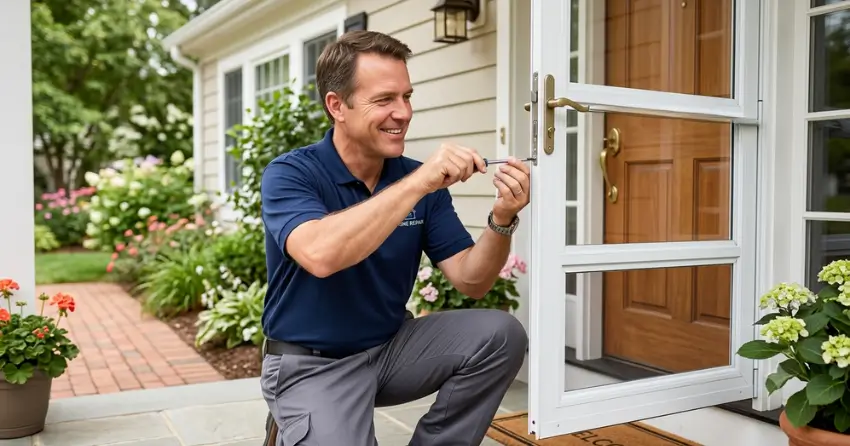 technician adjusting storm door hinge and closer in Paul Hunter, Dorchester