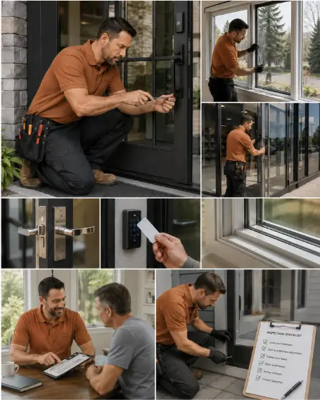 A technician measuring a door frame during an on-site assessment